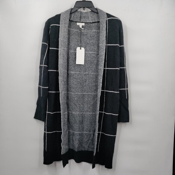 New Leith Knit Window Pane Cozy Long Sleeve Stripe Cardigan Size XS Women Black - Picture 4 of 14